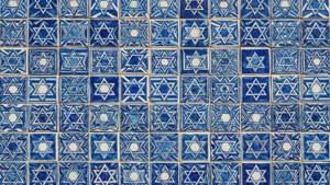 Sebuah mozaik geometris dari Bintang Daud biru dan putih, terinspirasi Mediterania.