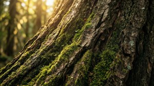 Macro close-up van boomschorsstructuur met groen mos en gouden zonlicht