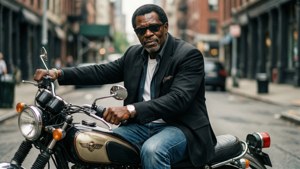 Richard Roundtree poserend met een vintage motorfiets