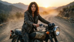 Jana Nayagan berpose di atas sepeda motor vintage saat matahari terbenam dengan latar belakang pegunungan