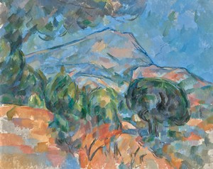 Mount Sainte-Victoire by Paul Cezanne, created c. 1904, in oil on fabric. Download this artwork as a high-resolution wallpaper for desktop, tablet, or mobile. — Paul Cezanne Wallpaper