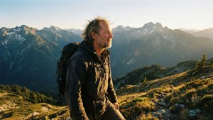 Reed Paul Jobs vandrer i bjergene med gyldent sollys og episke udsigter.