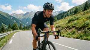 Ciclista subiendo una carretera de montaña sinuosa con hermoso paisaje.