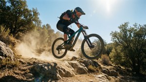 Mountainbiker hoppar över stenig stig i middagssolen