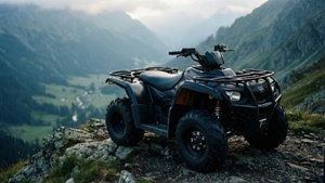 Sort ATV på klippefyldt bjergafsats med udsigt over tåget dal