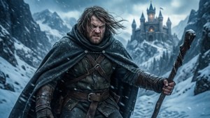 Episk landskabsbaggrund af Dungeon Crawler Carl, der vandrer gennem et sneklædt bjergpas
