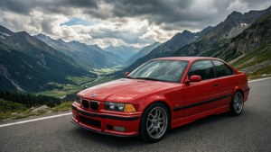 Roter BMW E36 Coupe auf einem Bergpass mit Blick auf ein Tal.