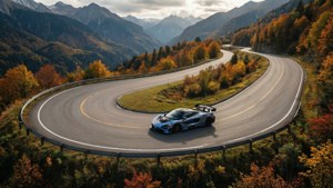 Ylhäältä kuvattu McLaren 620R vuoristosolassa syksyn väreissä.