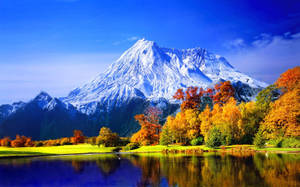 Schneebedeckter Berg mit Herbstbäumen, die sich in einem ruhigen See unter einem klaren blauen Himmel spiegeln.