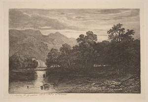 Mountain River by Alexandre Calame, created 1840, in etching and aquatint on chine collé. Download this artwork as a high-resolution wallpaper for desktop, tabl — Alexandre Calame Wallpaper