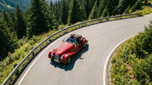 Rød klassisk cabriolet kjører på svingete fjellvei gjennom grønn skog