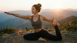 Roxanne Mckee meditando ao nascer do sol em uma montanha.