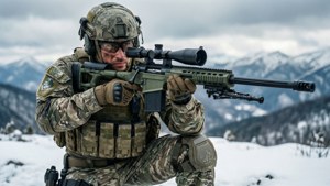 Winter Soldier sebagai penembak jitu di gunung bersalju dengan perlengkapan taktis.