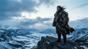 Hugh Glass silhuet på en klippe over en snedækket dal
