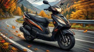 Scooter hitam dengan garis-garis balap di jalan gunung