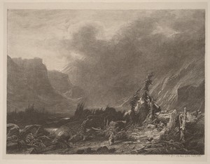 Mountain Storm by Alexandre Calame, created 1840, in etching on chine collé. Download this artwork as a high-resolution wallpaper for desktop, tablet, or mobile — Alexandre Calame Wallpaper