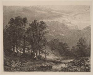 Mountain Stream by Alexandre Calame, created 1840, in etching with roulette on chine collé. Download this artwork as a high-resolution wallpaper for desktop, ta — Alexandre Calame Wallpaper