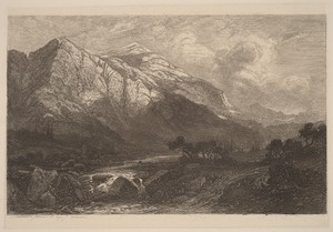 Mountain Stream by Alexandre Calame, created 1840, in etching on chine collé. Download this artwork as a high-resolution wallpaper for desktop, tablet, or mobil — Art Picture