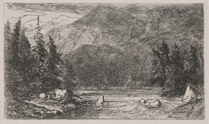 Mountain Stream with Rapids by Caspar Johann Nepomuk Scheuren, created 1842, in etching. Download this artwork as a high-resolution wallpaper for desktop, table — Art Picture