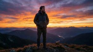 En ensom fotturist i dyp ettertanke ved daggry på en fjelltopp med en levende himmel