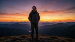 En ensom turgåer i dyp ettertanke ved daggry på en fjelltopp med en levende himmel