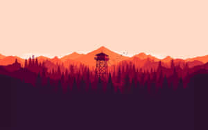 Feuerwachturm im Wald bei Sonnenuntergang mit fliegenden Vögeln — Hintergrund Des Sonnenuntergangs Am Berg Wallpaper