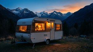 Tiny house aanhangwagen met bergachtergrond in de schemering.
