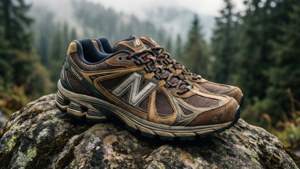 New Balance tursko på en stein i en tåkete skog, eventyrstemning.