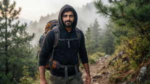 Riyaz Aly vandrer på en bjergsti med rygsæk og hættetrøje