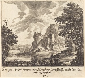 Mountain View by Melchior Küsel (I), created 1681, in etching. Download this artwork as a high-resolution wallpaper for desktop, tablet, or mobile. — Art Picture