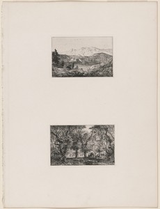 Mountain View with Lake by Caspar Johann Nepomuk Scheuren, created 1842, in etching. Download this artwork as a high-resolution wallpaper for desktop, tablet, o