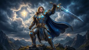 Sfondo di arte digitale high fantasy del re Davide corazzato sulla montagna con spada