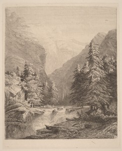 Mountain Waterfall by Alexandre Calame, created 1838, in etching on chine collé. Download this artwork as a high-resolution wallpaper for desktop, tablet, or mo — Alexandre Calame Wallpaper