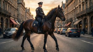 Police officer riding horse down city street at sunset — Police Background