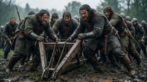 Soldiers push a heavy catapult through mud.