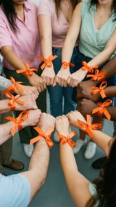 Diverse groep handen vasthoudend met oranje linten, symbool voor MS-steun en eenheid.