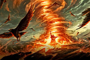 Krigare frammanar brinnande virvel medan korpar flyger genom stormig himmel. — Mtg Bilder