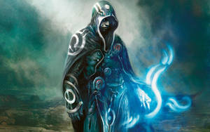 MTG metal man in black cloak with blue magic on his hands.