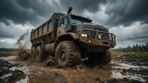 Een SnowRunner 8x8 vrachtwagen vecht door diepe modder onder een stormachtige lucht