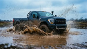 Baja-truck die door een modderige plas rijdt en opspat