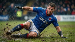 Jim Baxter glijdt naar een tackle in een regenachtige wedstrijd