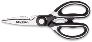 Black and white Quttin brand scissors with serrated blades and ergonomic handles.