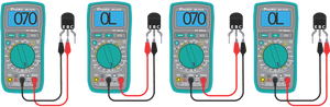 Four digital multimeters showing 070 and OL readings with probes connected to EBC terminals.