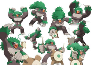 Seekor Pokémon gorila berambut hijau bermain drum dengan energi yang intens. — Pokemon Wallpaper