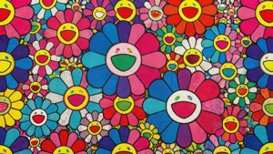 Motif répétitif sans couture de fleurs Murakami sur fond de tissu.