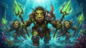 Um enxame de Murlocs de Hearthstone avançando por ruínas aquáticas