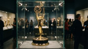 Emmy-statuett i glassmonter på museum.