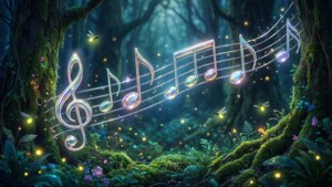 Fantasywald mit schwebenden Noten und leuchtenden Glühwürmchen