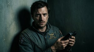 Crewmate i skuggor håller en enhet, detektiv-stil mysterieatmosfär med mörka toner.