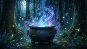 En steinkjele i en månebelyst skog med virvlende blå-lilla tåke og ildfluer.